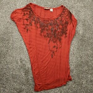 Miss Me Top Women's XS Red Brown Rhinestone Embellished Short Sleeve Blouse‎